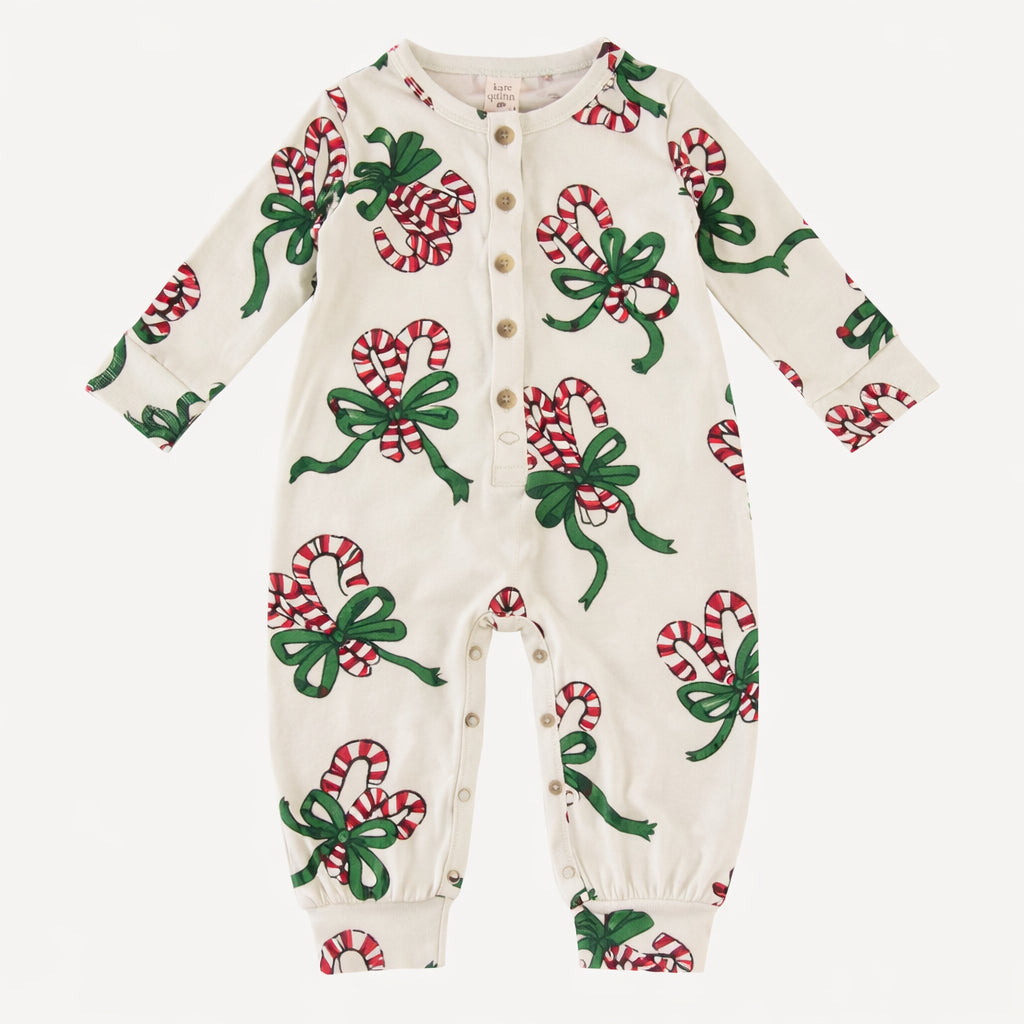 long sleeve cuffed button bubble jumpsuit | candy canes | organic cotton flat rib