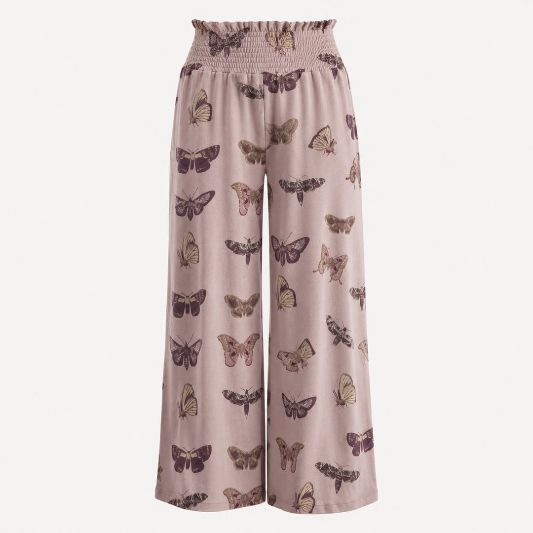 PREORDER womens shirred gaucho pant | purple moths | organic cotton interlock