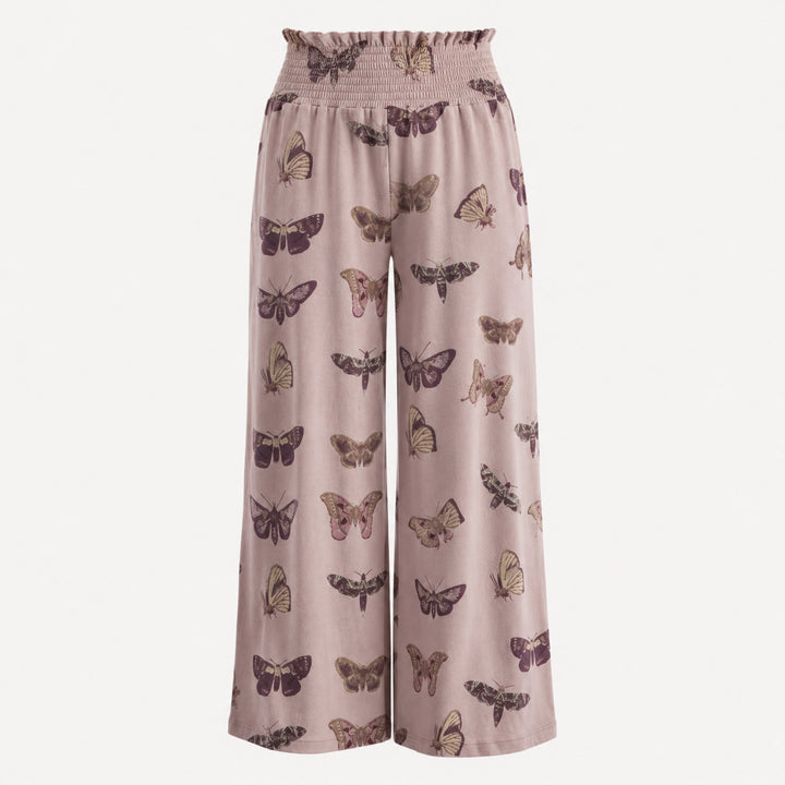 PREORDER womens shirred gaucho pant | purple moths | organic cotton interlock