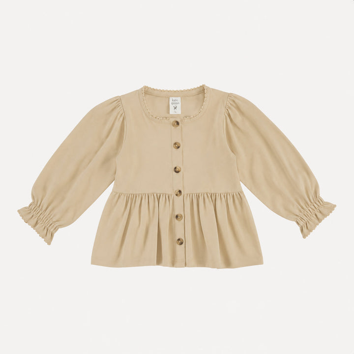 PREORDER long sleeve gathered waist pom pom top | marzipan | organic cotton interlock