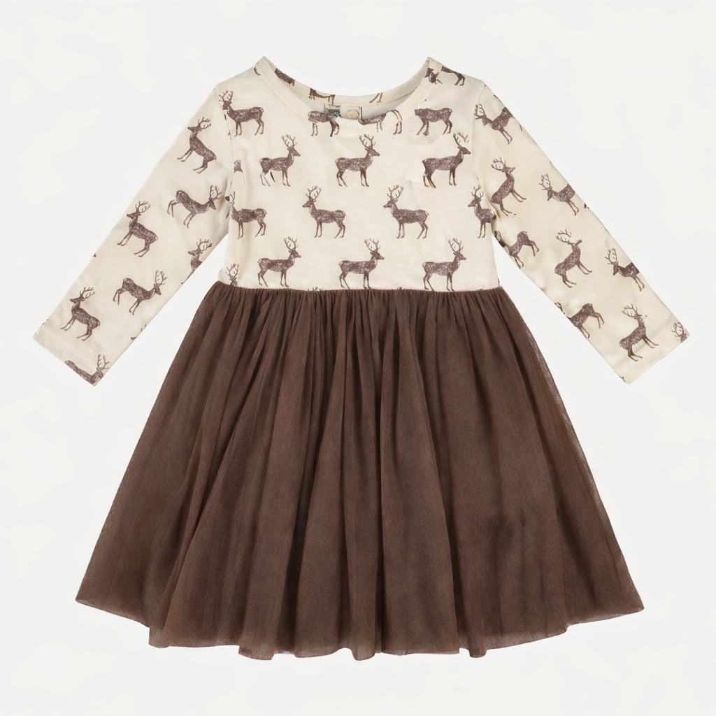 long sleeve ballerina tulle dress | coffee reindeer | organic cotton flat rib