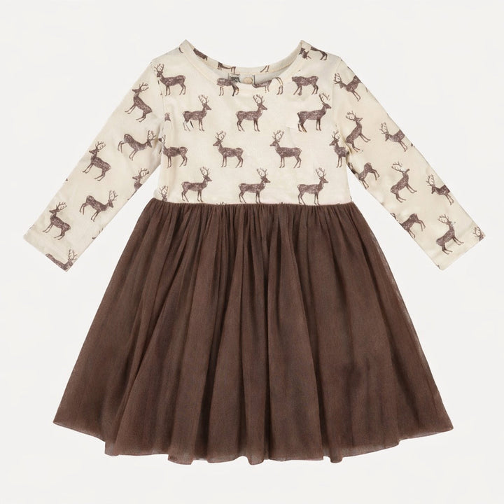 long sleeve ballerina tulle dress | coffee reindeer | organic cotton flat rib
