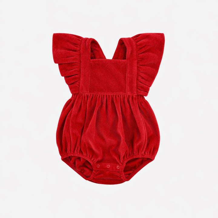 ruffle strap bubble | rococco red | organic cotton velour