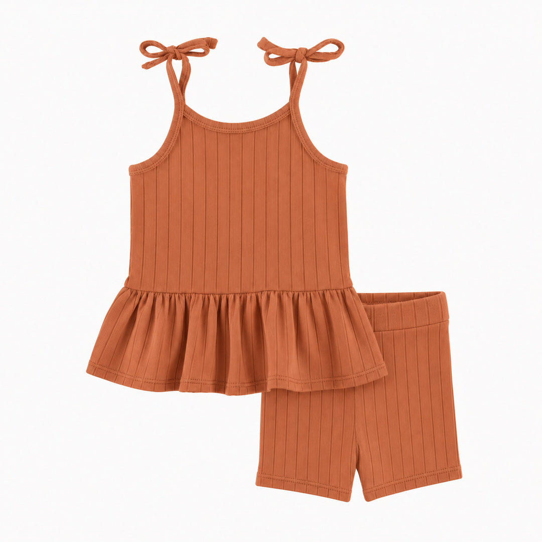 PREORDER spaghetti tie drop waist gathered top + bike short set | copper | woods rib