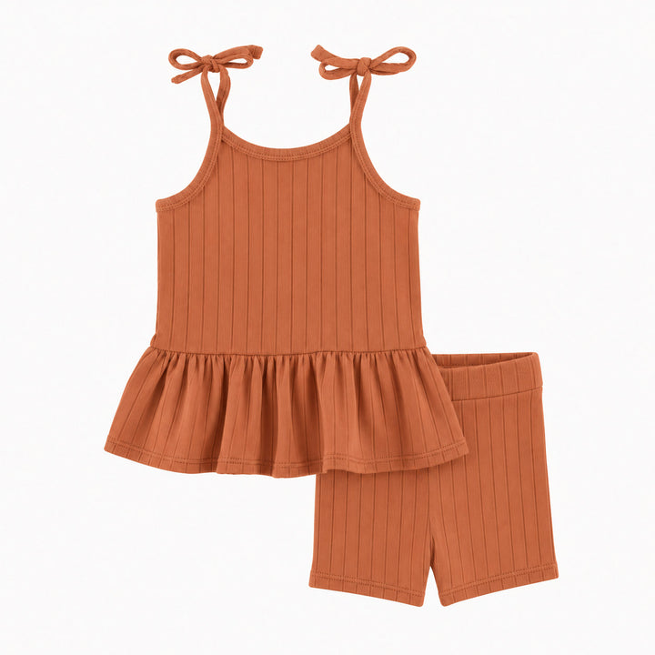 PREORDER spaghetti tie drop waist gathered top + bike short set | copper | woods rib