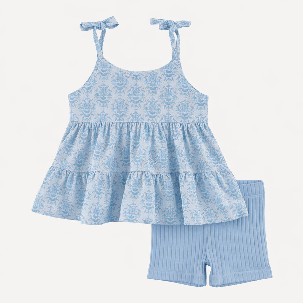 spaghetti tie prairie top + bike short set | cornflower folk wallpaper | organic cotton gauze