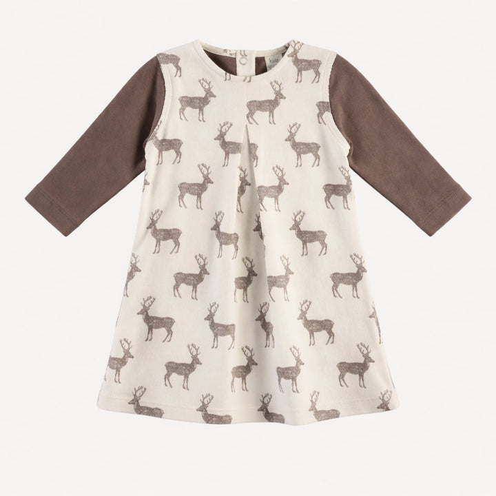 long sleeve kick pleat dress | coffee reindeer | organic cotton flat rib