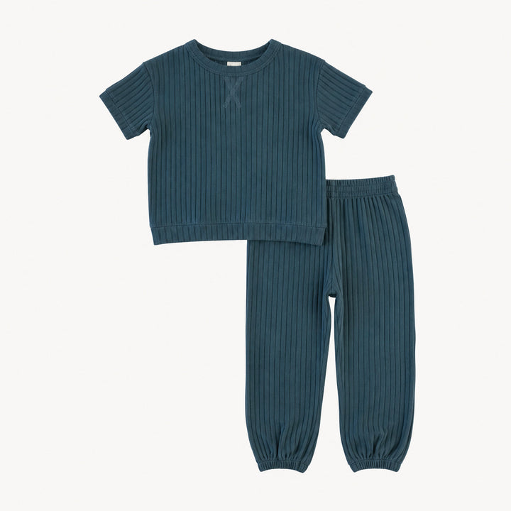 PREORDER short sleeve relaxed jogger set | blue slate | organic cotton wide rib
