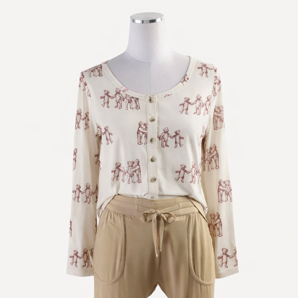womens long sleeve cardigan | ginger teddy bear | organic cotton flat rib