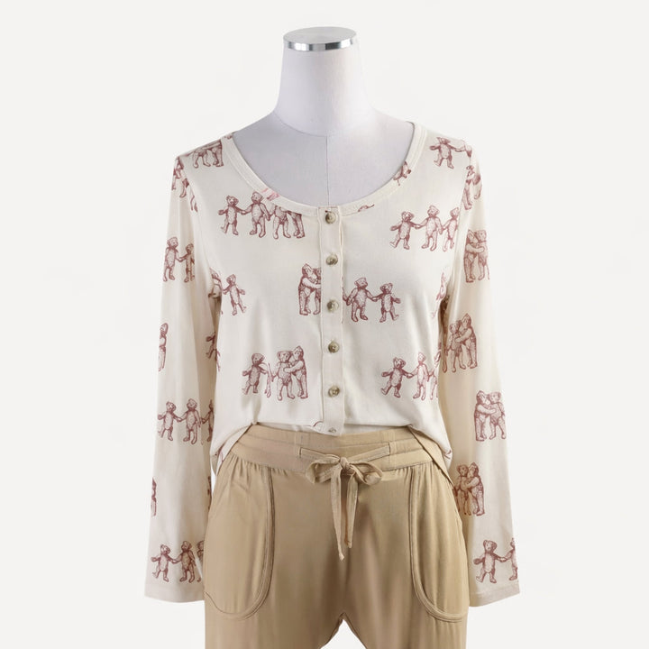 womens long sleeve cardigan | ginger teddy bear | organic cotton flat rib