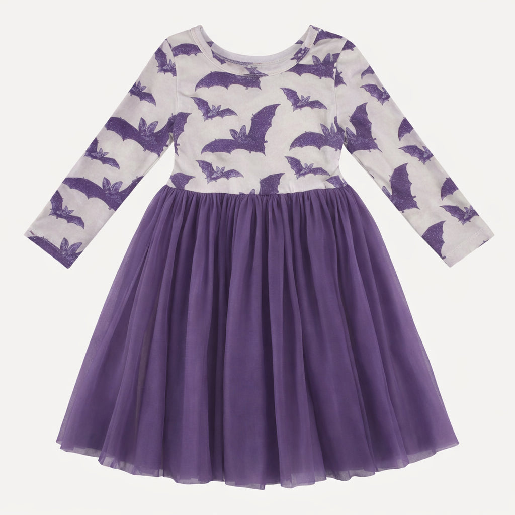 long sleeve ballerina tulle dress | purple bats | organic cotton interlock