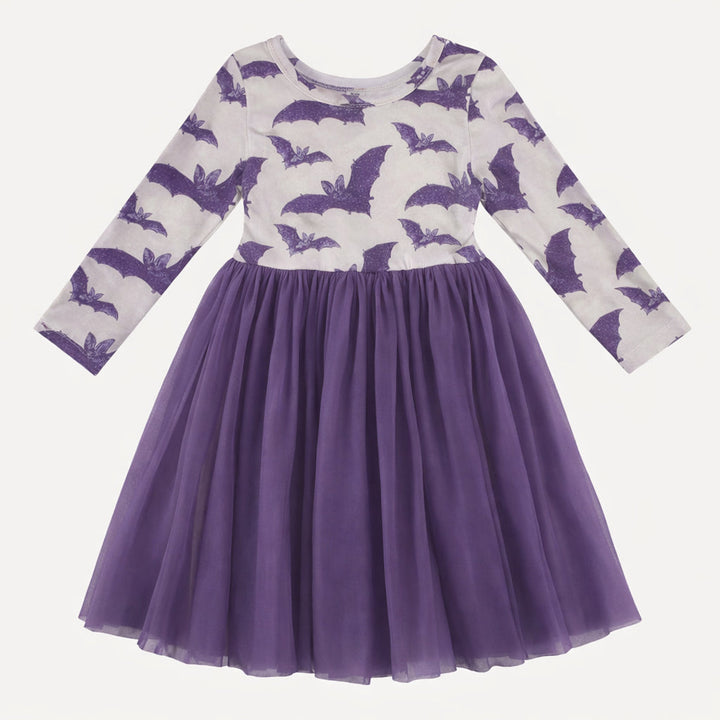 long sleeve ballerina tulle dress | purple bats | organic cotton interlock