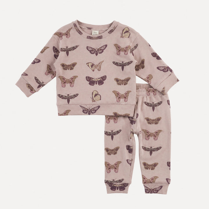 PREORDER long sleeve cuffed jogger set | purple moths | organic cotton interlock