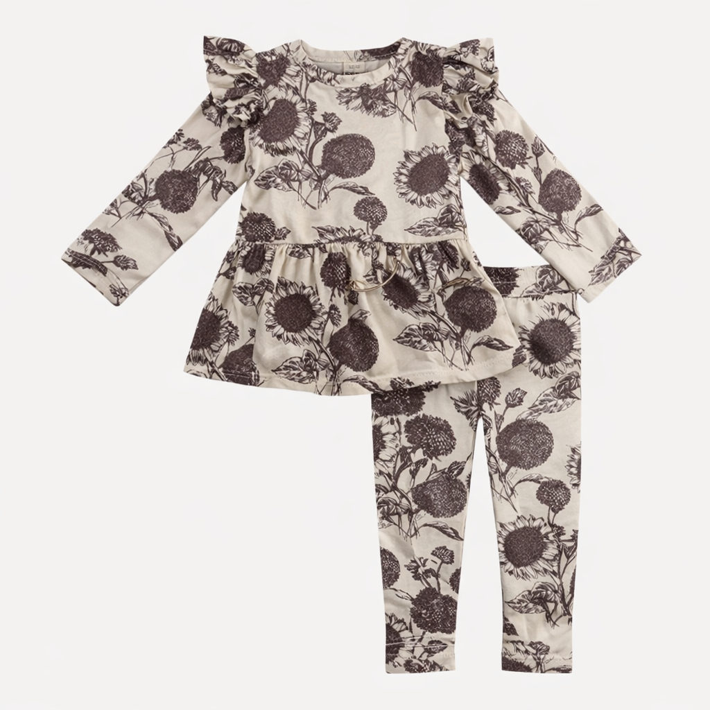 long sleeve flutter drop waist top + legging set | raisin sunflower | organic cotton interlock