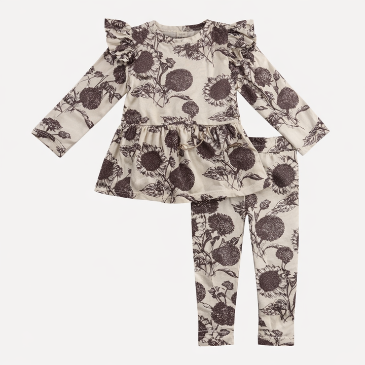 long sleeve flutter drop waist top + legging set | raisin sunflower | organic cotton interlock