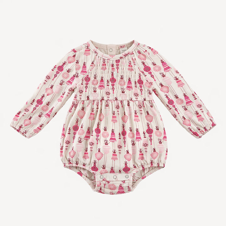 long sleeve puff smocked bubble | pink vintage ornaments | bamboo