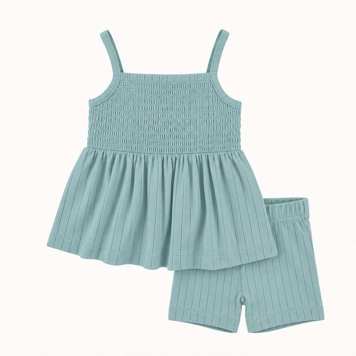 PREORDER spaghetti tie smocked ruffle top and bike short set | blue haze | woods rib