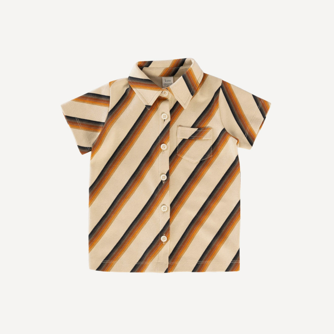 short sleeve vintage collar button shirt | 70s stripe | organic cotton interlock