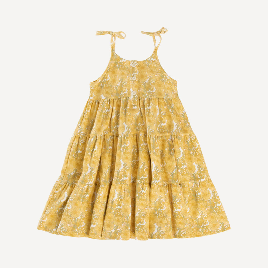 spaghetti tie henley prairie dress | 70s yellow bold daisy | organic cotton interlock