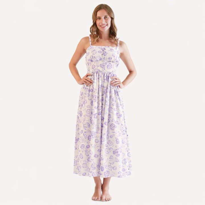 womens spaghetti tie winnie dress | lilac scatter | organic cotton jersey