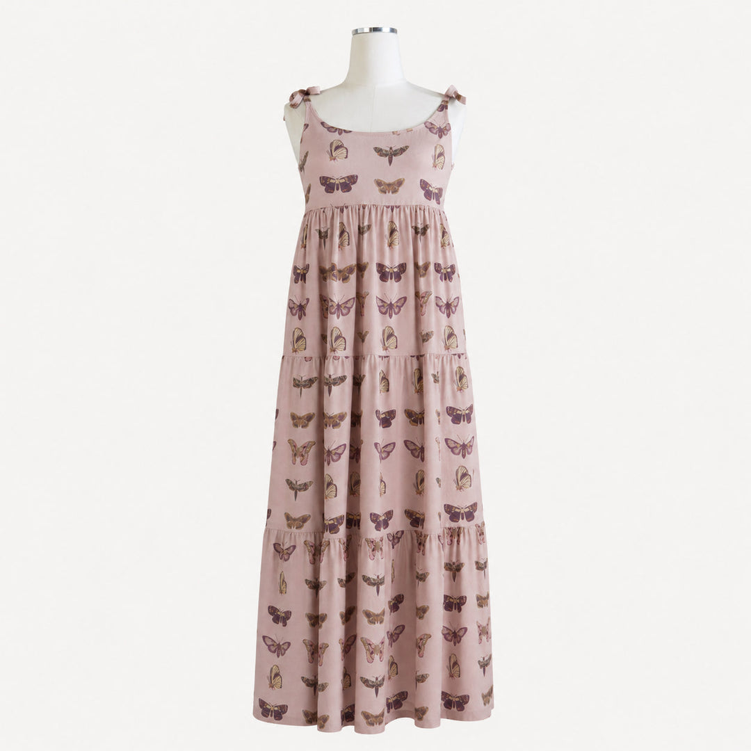 PREORDER womens spaghetti tie prairie dress | purple moths | organic cotton interlock