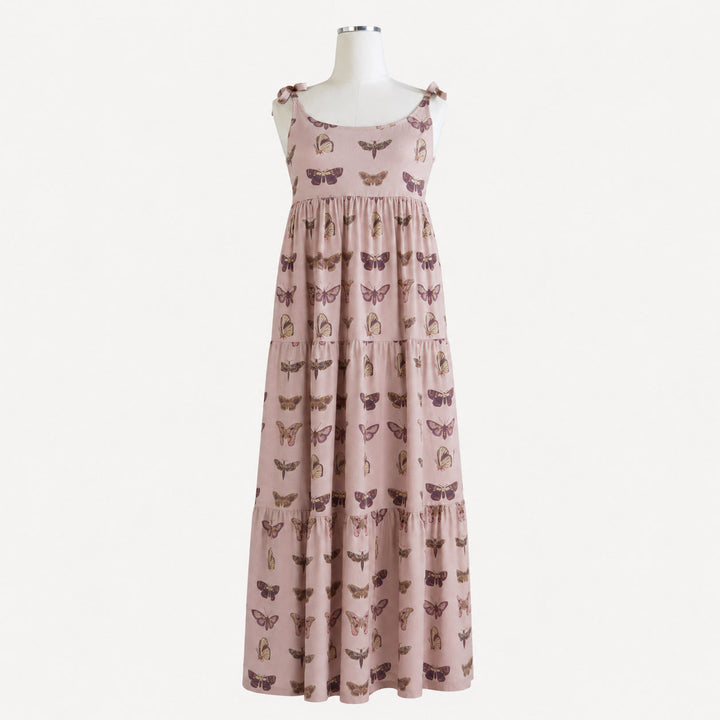 PREORDER womens spaghetti tie prairie dress | purple moths | organic cotton interlock