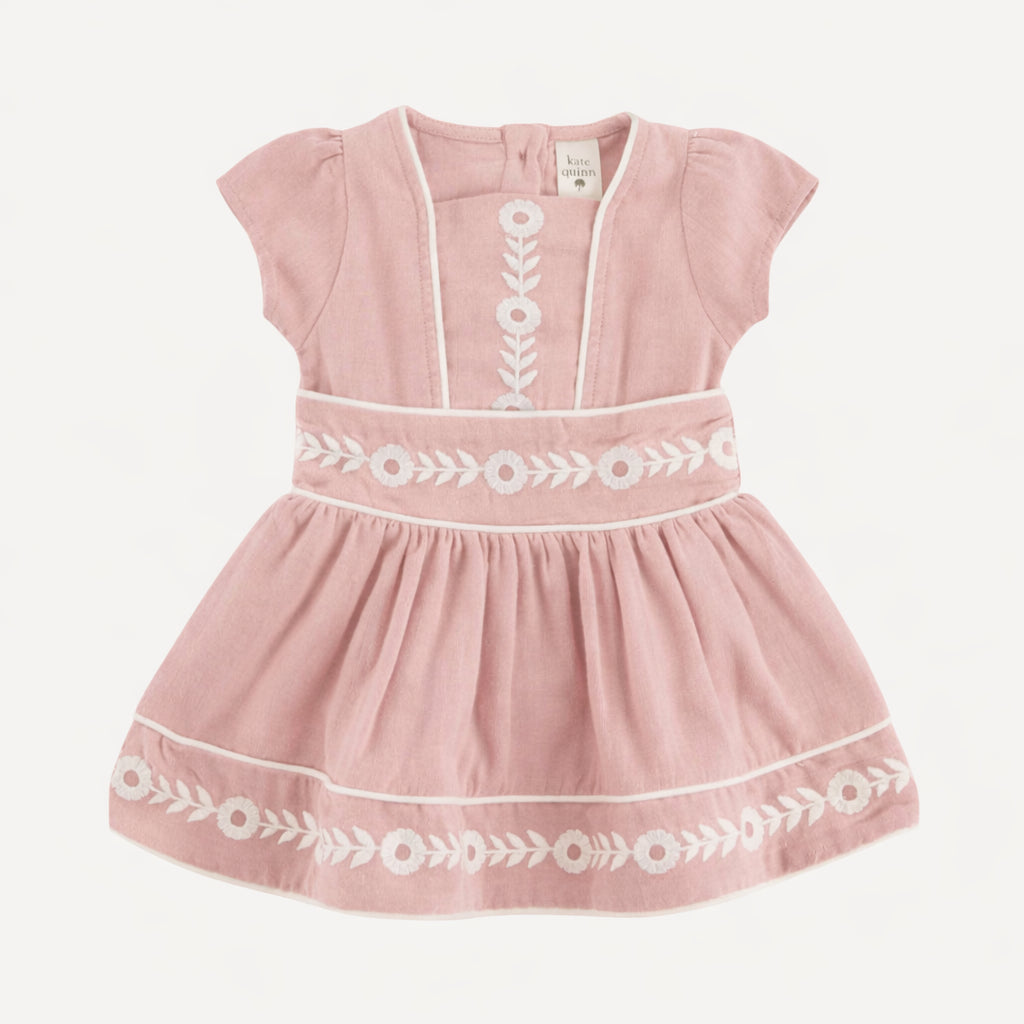 short puff sleeve piped square neck embroidered dress | rose smoke | organic cotton gauze