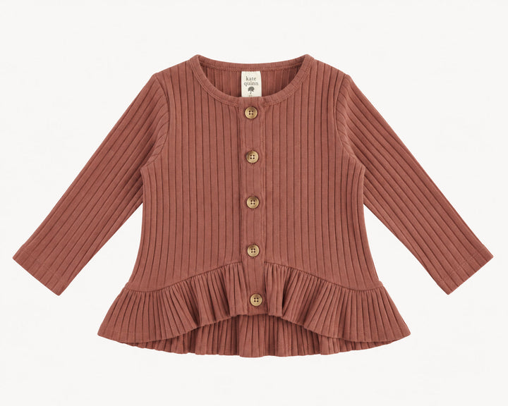 PREORDER long sleeve ruffle button top | patina | organic cotton wide rib