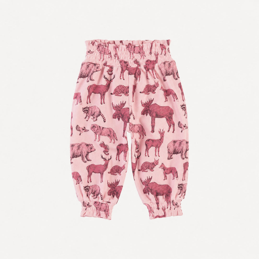 PREORDER smocked waist bubble pant | pink forest animals | organic cotton interlock