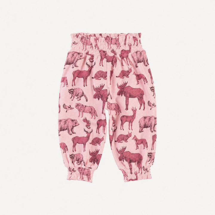 PREORDER smocked waist bubble pant | pink forest animals | organic cotton interlock