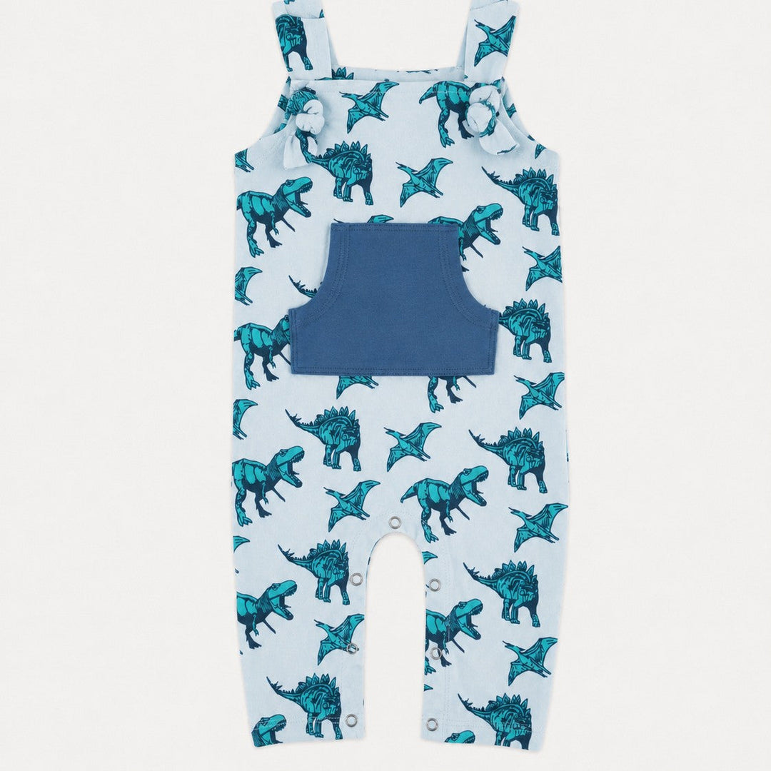 PREORDER tie pocket overall jumpsuit | aqua dinosaur | organic cotton interlock