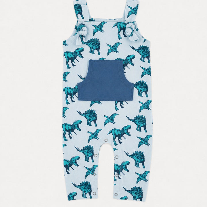 PREORDER tie pocket overall jumpsuit | aqua dinosaur | organic cotton interlock
