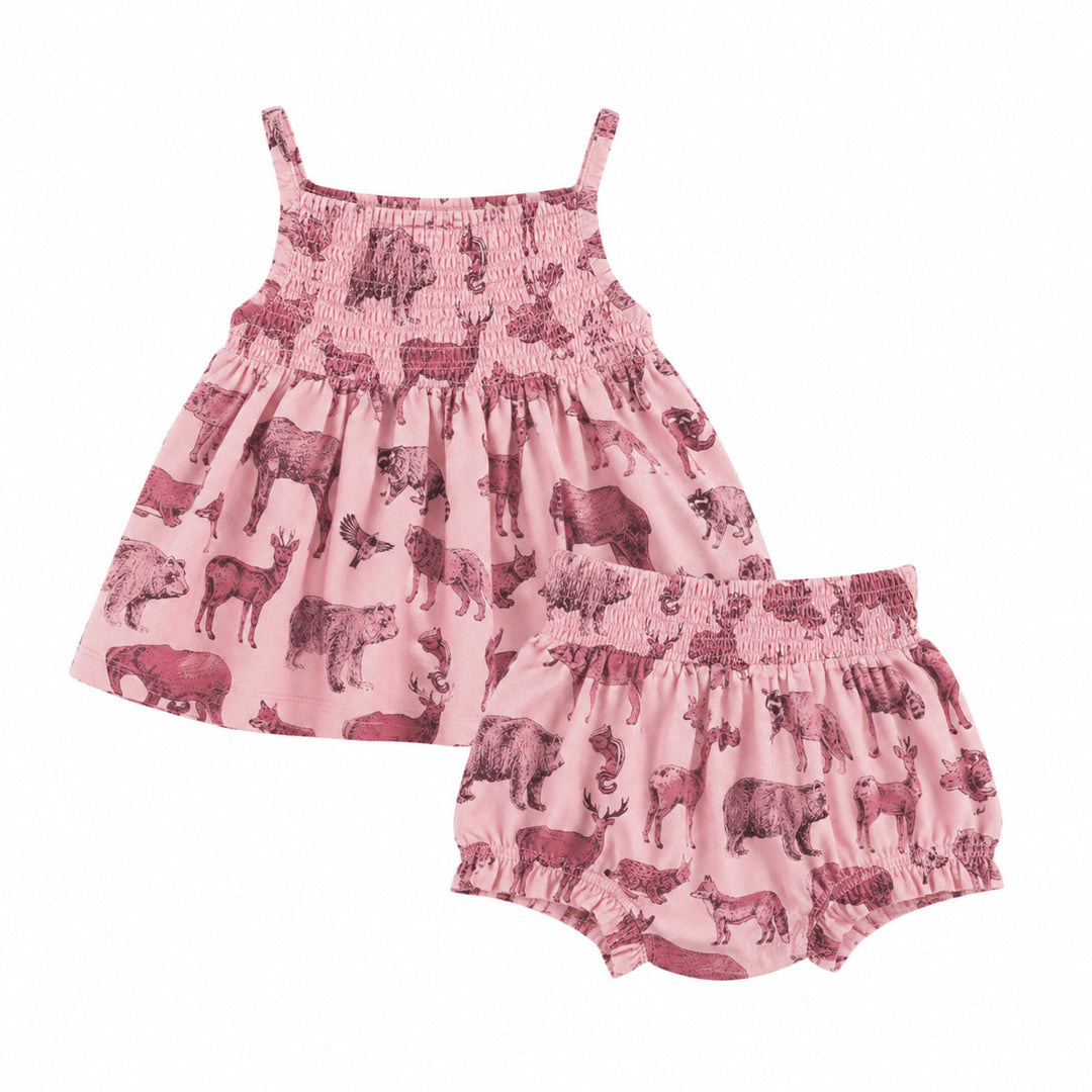 PREORDER spaghetti strap smocked top + shirred waist bloomer set | pink forest animals | organic cotton interlock