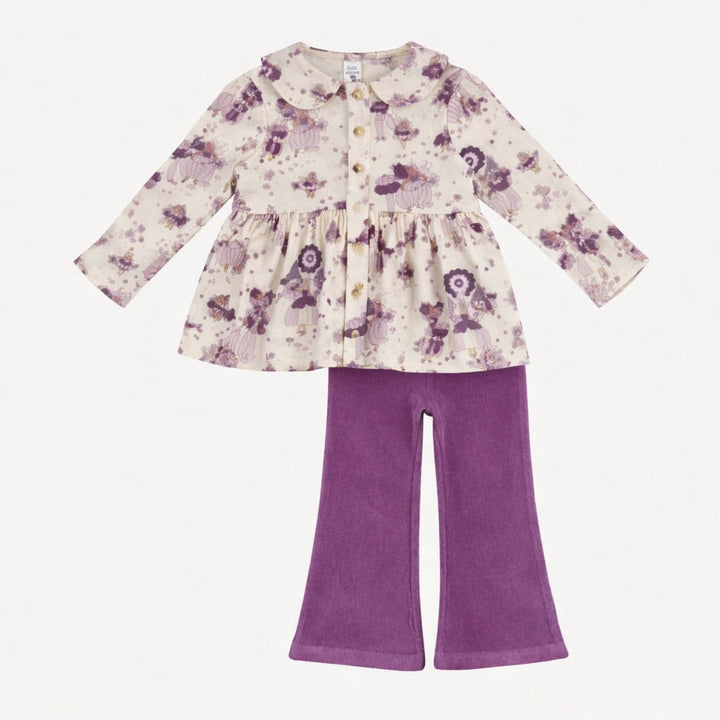 long sleeve peter pan button top + flare pant set | sugar plum fairy | organic cotton flat rib
