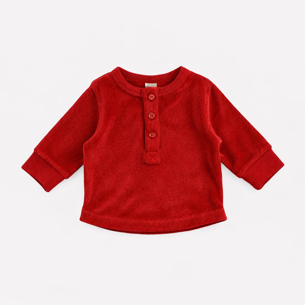 long sleeve sport henley shirt | rococco red | organic cotton velour
