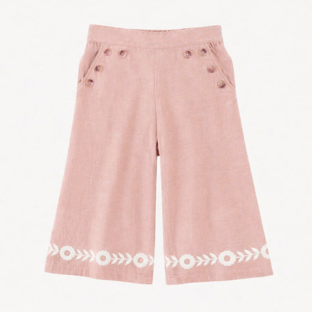 embroidered piped sailor pant | rose smoke | organic cotton gauze