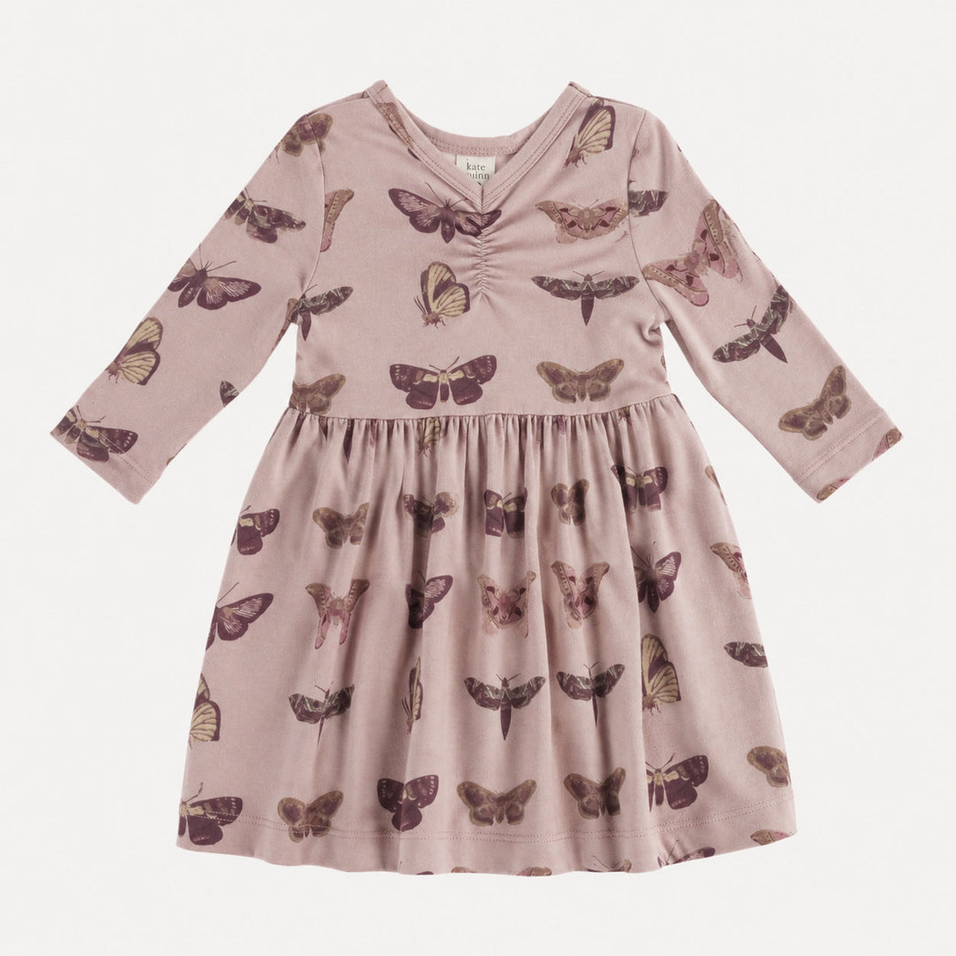 PREORDER long sleeve twirl dress | purple moths | organic cotton interlock