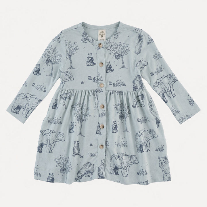 PREORDER long sleeve button front pocket dress | opal bear family | organic cotton interlock