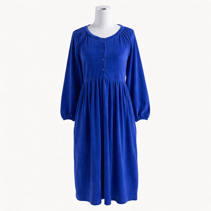 womens gathered button pocket dress | monaco blue | organic cotton velour