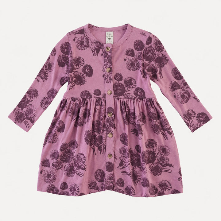 PREORDER long sleeve button dress | french violet dahlia | organic cotton interlock
