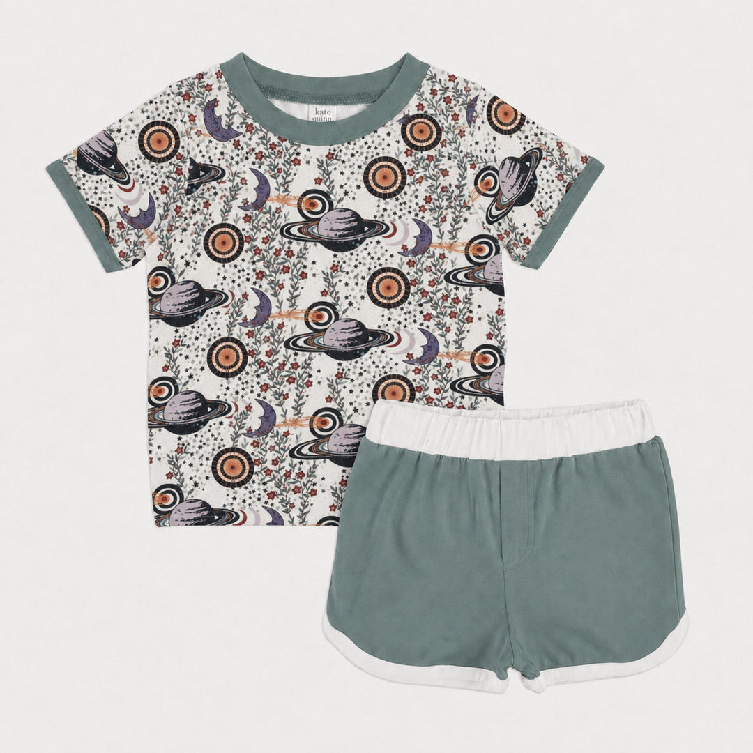 PREORDER short sleeve ringer tee + retro track short set | mystical planets | bamboo