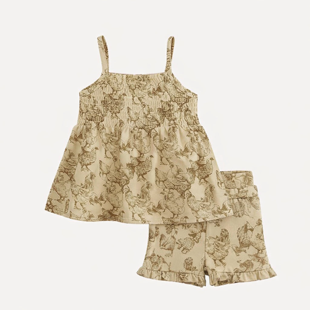 spaghetti strap smocked top + ruffle short set | chicken party | organic cotton jersey