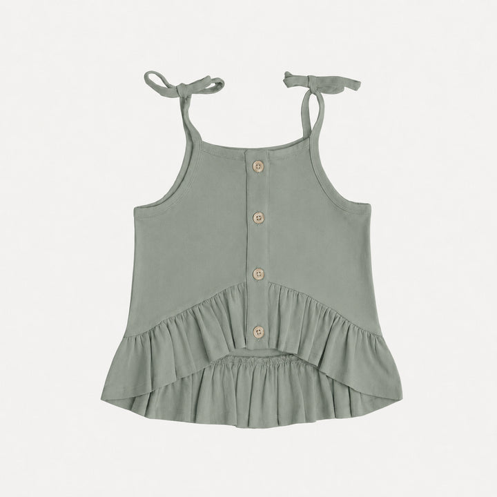 PREORDER spaghetti tie ruffle button top | green bay | organic cotton interlock