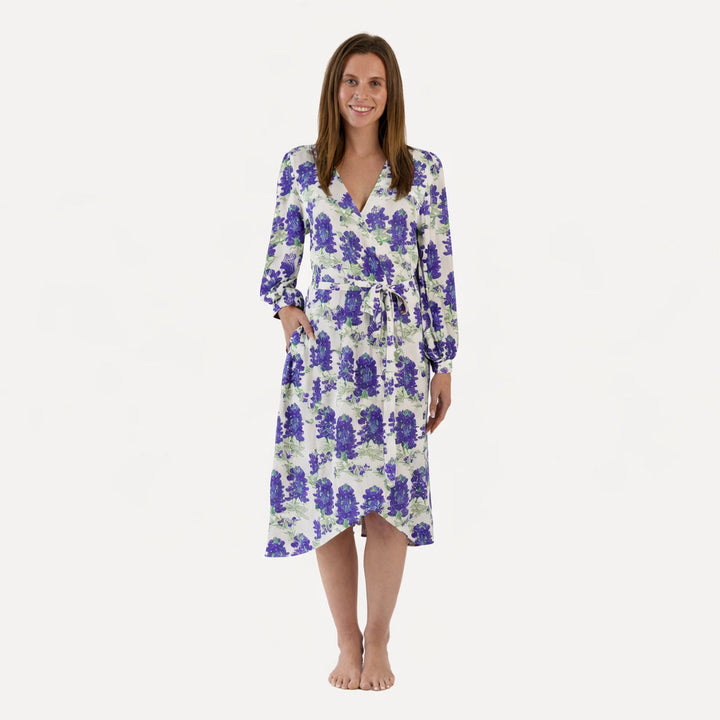 womens balloon sleeve wrap dress | blue bonnets | organic cotton jersey