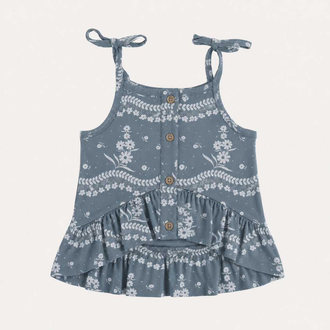 PREORDER spaghetti tie ruffle button top | storm floral lace | organic cotton interlock