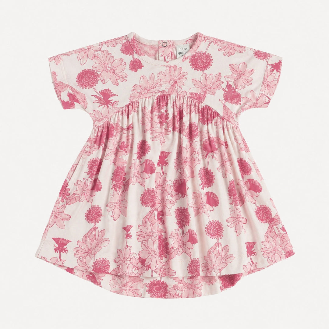 PREORDER short sleeve gathered t-shirt dress | pink retro floral | organic cotton interlock