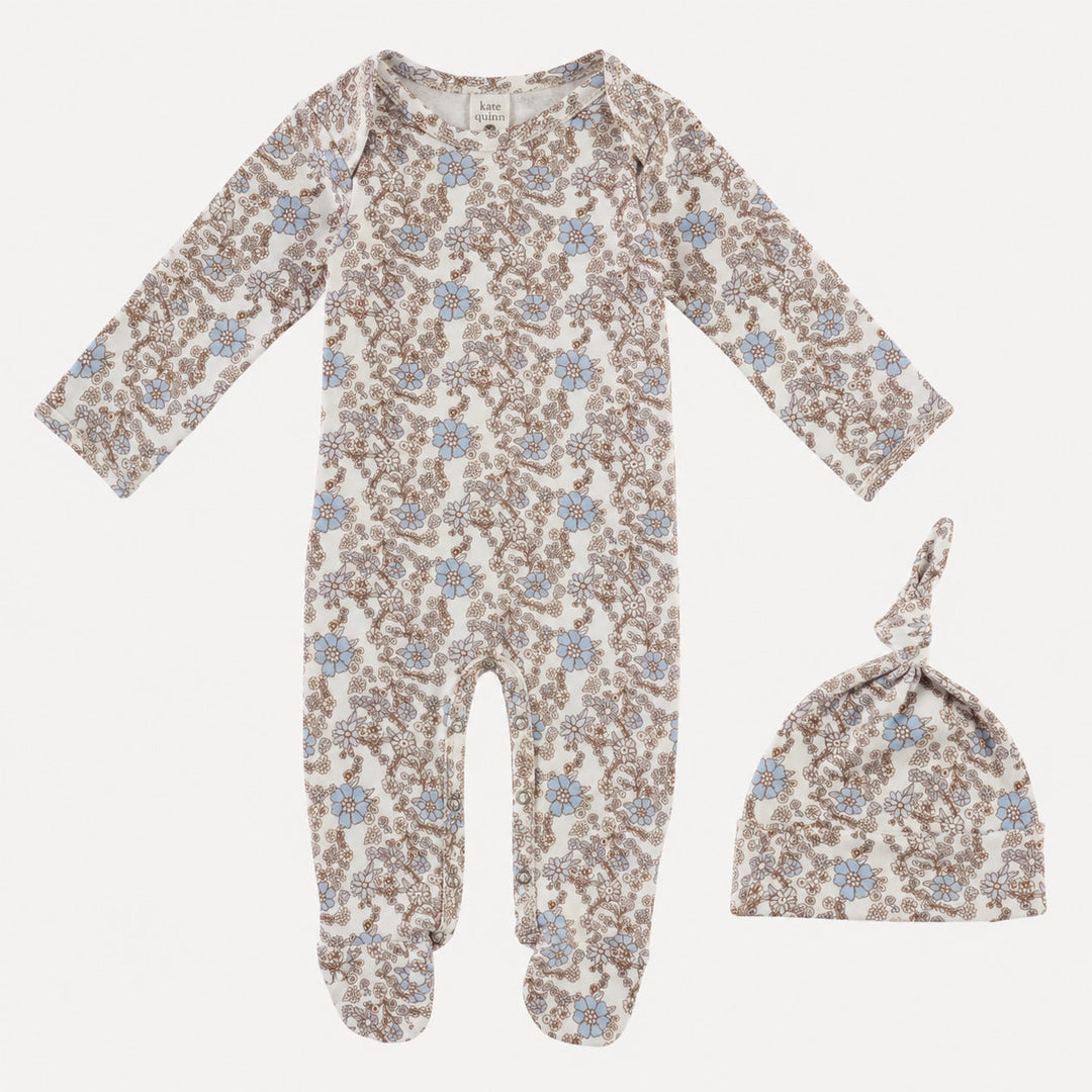 PREORDER footie + knot hat set | cornflower ditsy | bamboo