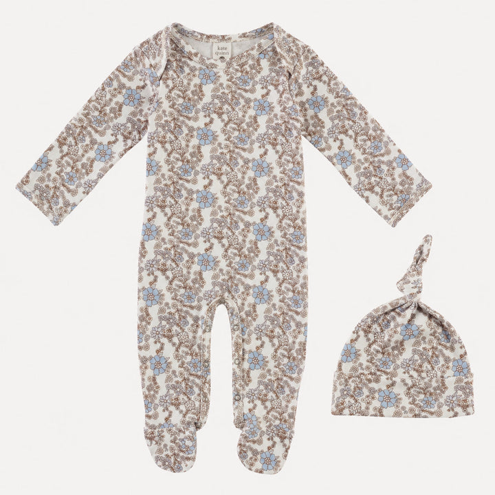 PREORDER footie + knot hat set | cornflower ditsy | bamboo