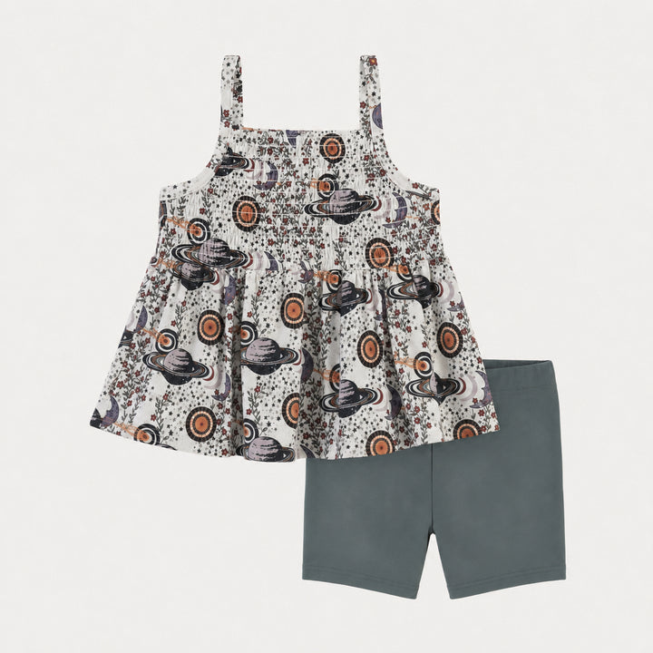 PREORDER spaghetti strap smocked top + bike short set | mystical planets | bamboo