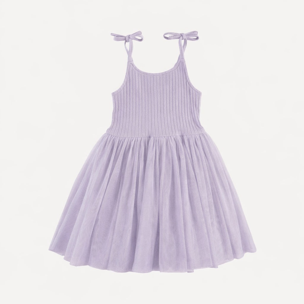 spaghetti tie ballerina tulle dress | lavender | organic cotton wide rib
